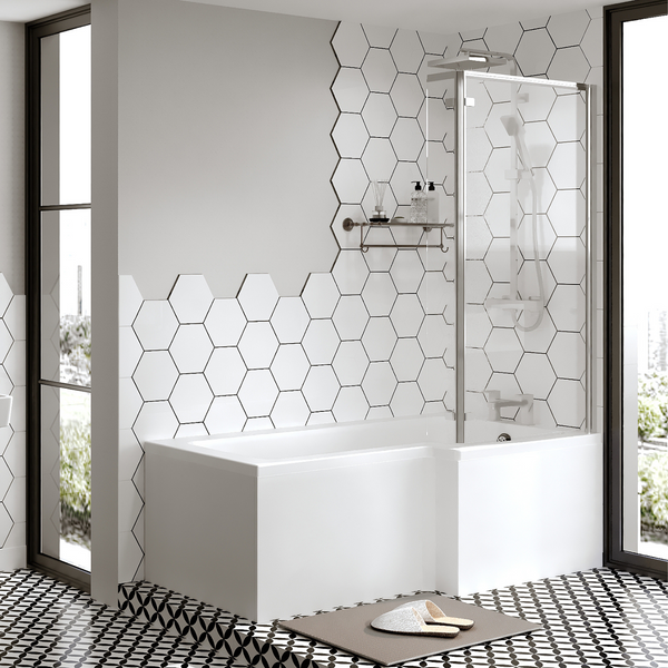L Shaped Shower Bath With Front Panel & Matt Black Bath - View #2