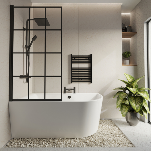 Selsley 1500 Curved Freestanding Super Deep Shower Bath with Black Grid Screen