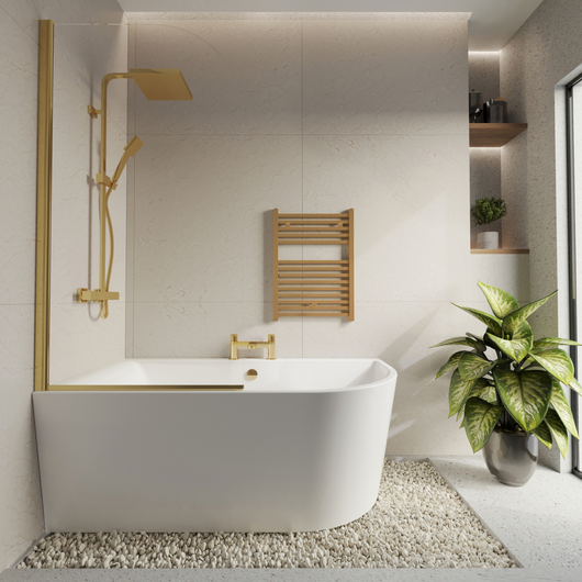  Selsley 1500 Curved Freestanding Super Deep Shower Bath with Brushed Brass Screen