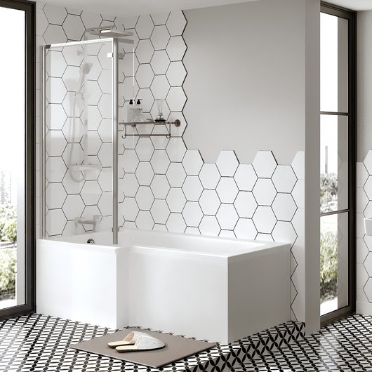  Reinforced L-Shaped Square Shower Bath 1700 x 850/700 C/W Hinged 6mm Bath Screen & Front Panel - welovecouk