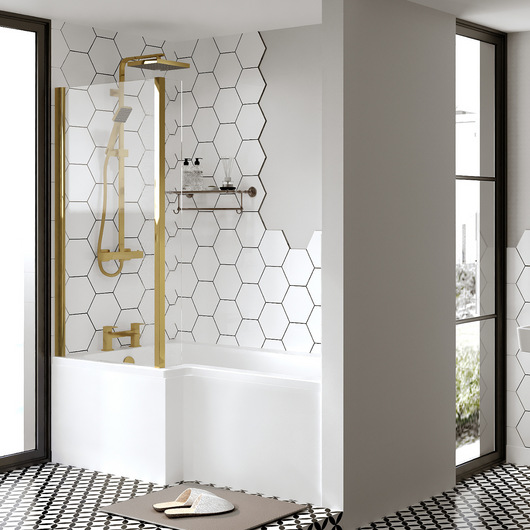  L-Shaped 1600 x 850/700 Shower Bath C/W Brushed Brass Bath Screen & Front Panel