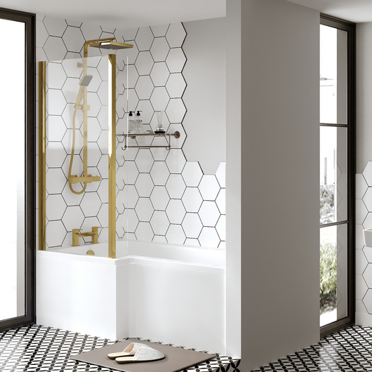  L-Shaped 1700 x 850/700 Shower Bath C/W Brushed Brass Bath Screen & Front Panel - welovecouk