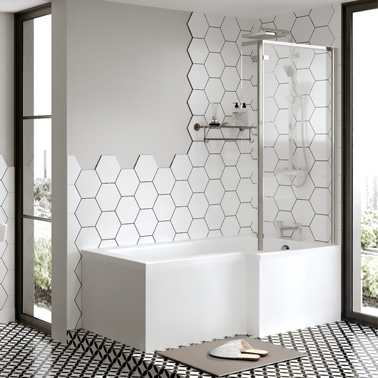  Reinforced L-Shaped Square Shower Bath 1600 x 850 Shower Bath C/W Hinged 6mm Bath Screen & Front Panel - welovecouk
