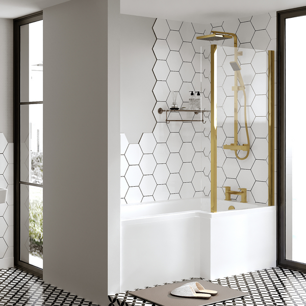 L-Shaped 1700 x 850/700 Shower Bath C/W Brushed Brass Bath Screen ...