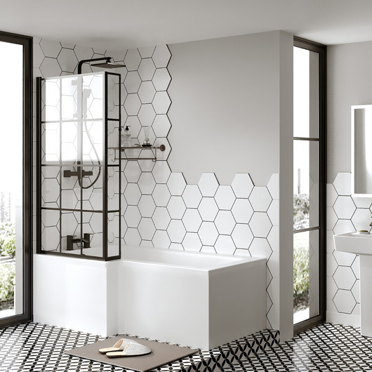  L-Shaped 1600 x 850/700 Shower Bath C/W Black Framed Bath Screen & Front Panel