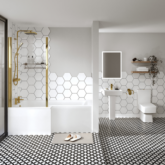  Serene 1600 L-Shaped Brushed Brass Complete Shower Bathroom Suite