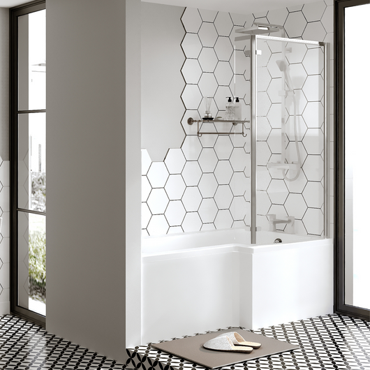  Reinforced L-Shaped Square Shower Bath 1600 x 850 Shower Bath C/W Hinged 6mm Bath Screen & Front Panel