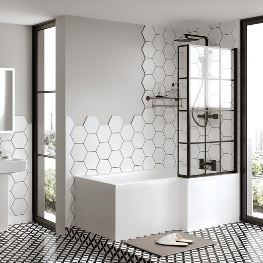  L-Shaped 1800 x 850 Shower Bath C/W Black Framed Bath Screen & Front Panel - welovecouk