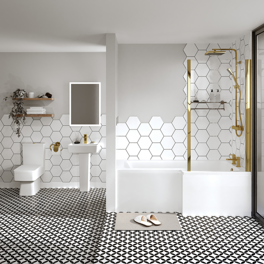  Crystalline 1600 L-Shaped Brushed Brass Complete Shower Bathroom Suite - welovecouk