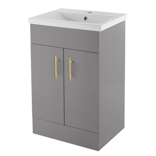  Nuie Eden 500mm Floor standing 2-Door Vanity Unit & Mid-Edge Basin - Gloss Mid Grey with Brushed Brass Handles