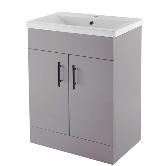  Nuie Eden 600mm Floor Standing 2-Door Vanity Unit & Mid-Edge Basin - Gloss Mid Grey with Black Handles