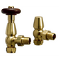 Chelsea Brushed Brass Thermostatic Radiator Round Valves with 130mm Pipe Sleeves - Angled