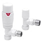 White Thermostatic Radiator Round Valves with 130mm Pipe Sleeves - Angled