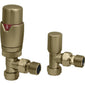 Brushed Brass Thermostatic Radiator Round Valves with 130mm Pipe Sleeves - Angled