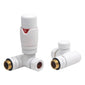 White Thermostatic Dual Fuel Radiator Round Valves with 130mm Pipe Sleeves - Corner