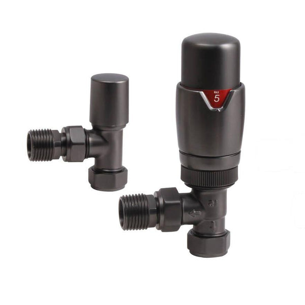 Brushed Gunmetal Thermostatic Radiator Round Valves with 130mm Pipe ...