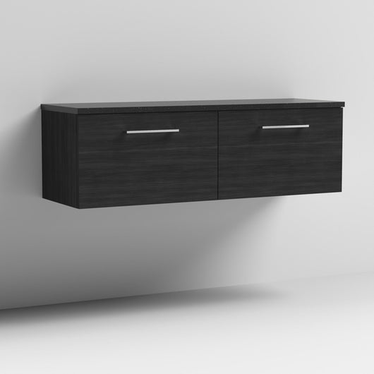  Nuie Arno 1200mm Wall Hung 2-Drawer Vanity & Laminate Worktop - Charcoal Black Woodgrain