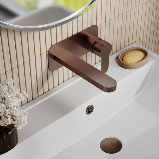  Nuie Arvan Wall Mounted 2 Tap Hole Basin Mixer With Plate - Brushed Bronze - welovecouk