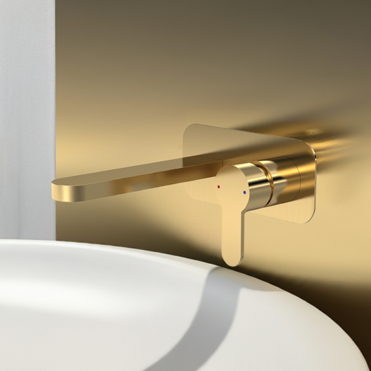  Nuie Arvan Wall Mounted 2 Tap Hole Basin Mixer With Plate - Brushed Brass