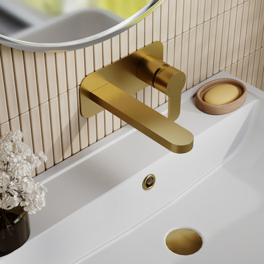  Nuie Arvan Wall Mounted 2 Tap Hole Basin Mixer With Plate - Brushed Brass - welovecouk