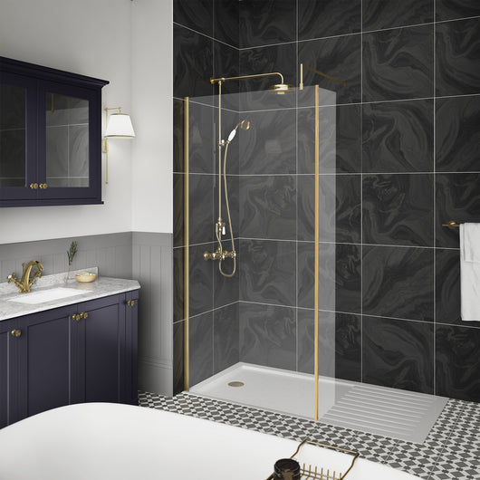  1700 x 800mm Stone Walk-In Shower Tray & 8mm Screen Pack - Brushed Brass - welovecouk