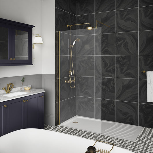  1400 x 900mm Stone Walk-In Shower Tray & 8mm Screen Pack - Brushed Brass