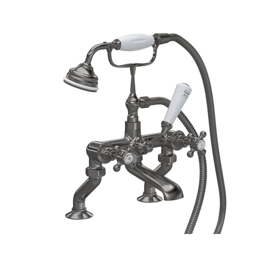  Hudson Reed White Topaz With Crosshead Deck Mounted Bath Shower Mixer - Brushed Pewter - Hexagonal Collar - welovecouk