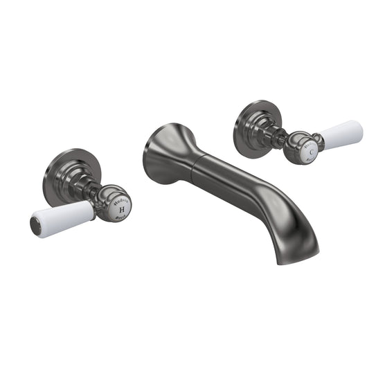  Hudson Reed White Topaz With Lever 3 Tap Hole Wall Mounted Basin Mixer - Brushed Pewter - welovecouk