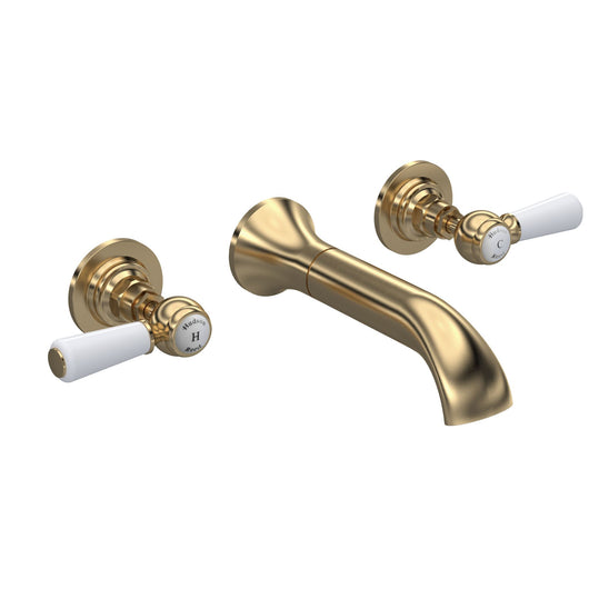  Hudson Reed White Topaz With Lever 3 Tap Hole Wall Mounted Basin Mixer - Brushed Brass - BC817HL - welovecouk