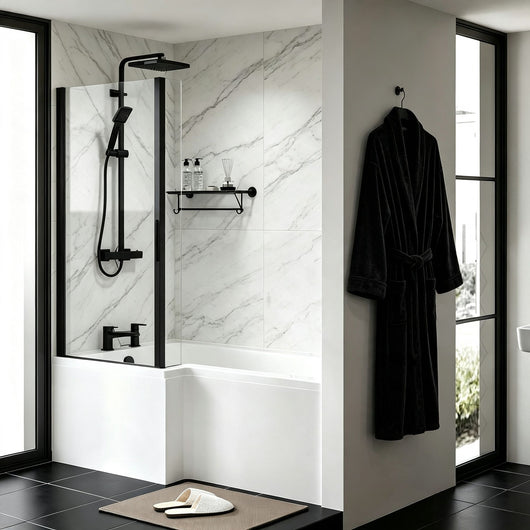  Reinforced L-Shaped Shower Bath 1600 x 850/700 with Matt Black Screen + Panel