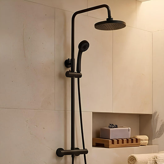  Harik 2 Round Exposed Rigid Riser Thermostatic Shower Set - Black - welovecouk
