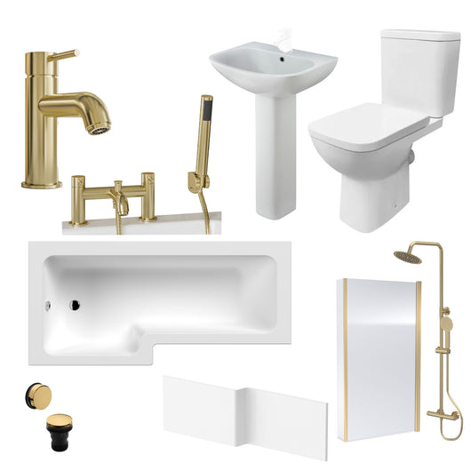  Brava 1800 L-Shaped Brushed Brass Complete Shower Bathroom Suite