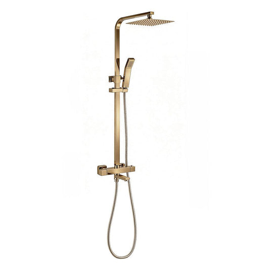  Block II Square Exposed Rigid Riser Thermostatic Shower Set C/W Bath Filler - Brushed Brass - welovecouk