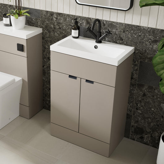  Hudson Reed Fusion 600mm 2-Door Floor Standing Vanity Unit With Ceramic Basin - Pebble Grey
