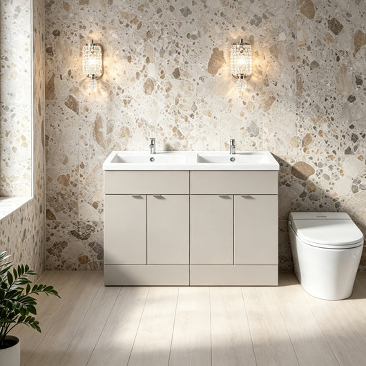  Hudson Reed Fusion 1200mm 4-Door Floor Standing Double Vanity Unit With Ceramic Basin - Pebble Grey