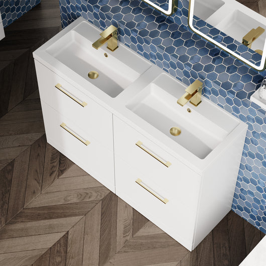  Ryker 1200mm Floor Standing 4-Drawer Vanity & Double Ceramic Basin - Gloss White - welovecouk