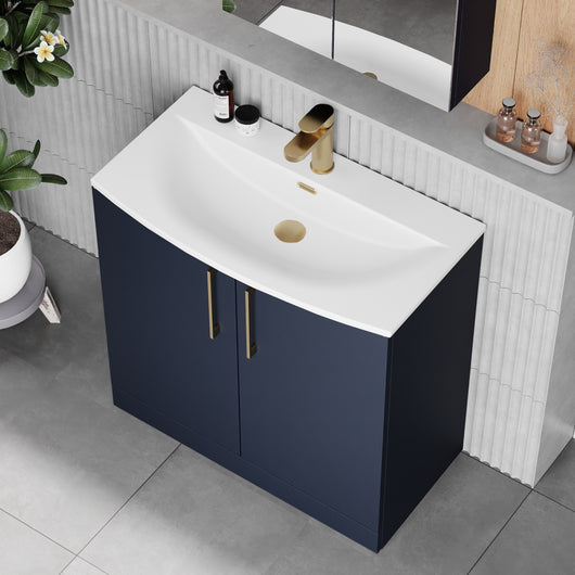  Braydon 800mm Floor Standing 2-Door Vanity & Curved Basin - Midnight Blue - welovecouk