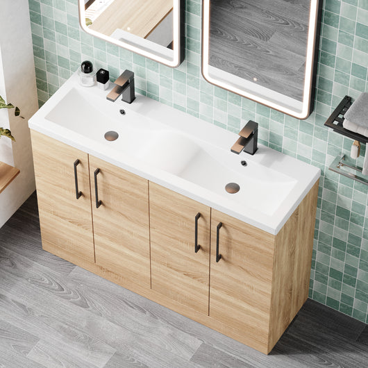  Ryker 1200mm Floor Standing 4-Door Vanity & Double Ceramic Basin - Bleached Oak - welovecouk