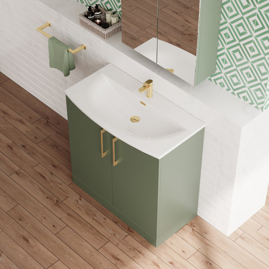  Braydon 800mm Floor Standing 2-Door Vanity & Curved Basin - Satin Green - welovecouk