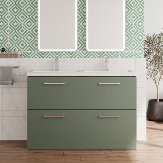  Ryker 1200mm Floor Standing 4 Drawer Vanity & Double Polymarble Basin - Satin Green