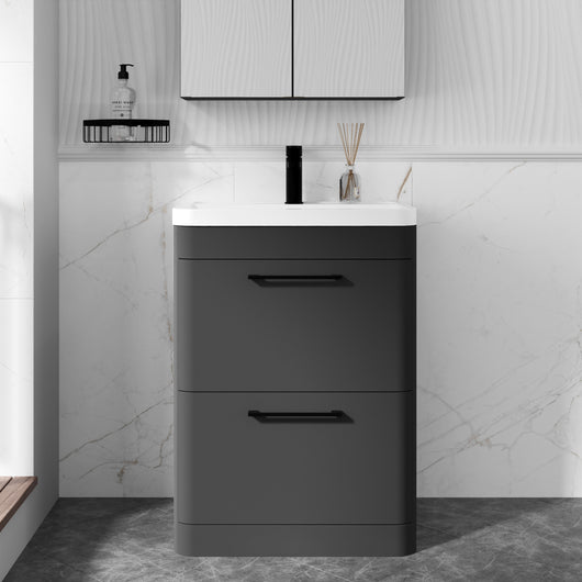  Pride 600mm Floor Standing 2 Drawer Cabinet & Polymarble Basin - Soft Black
