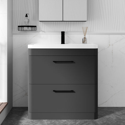  Pride 800mm Floor Standing 2 Drawer Cabinet & Polymarble Basin - Soft Black