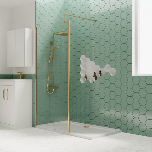  1400 x 700mm Stone Shower Tray & 8mm Screen Pack - Brushed Brass Profile