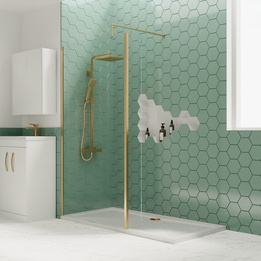  1700 x 760mm Stone Shower Tray & 8mm Screen Pack - Brushed Brass Profile - welovecouk