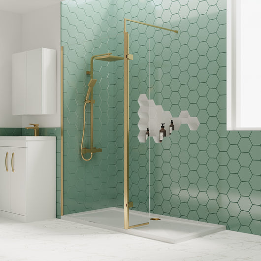  1700 x 760mm Stone Shower Tray & 8mm Screen Pack - Brushed Brass Profile - welovecouk