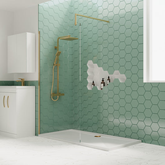  1400 x 700mm Stone Shower Tray & 8mm Screen Pack - Brushed Brass Profile