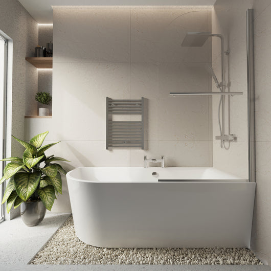  Selsley 1700 Curved Freestanding Super Deep Shower Bath with Chrome Screen with Towel Towel Rail - welovecouk