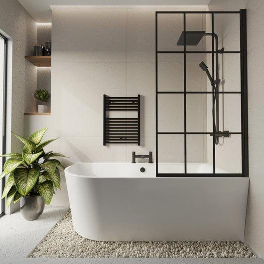  Selsley 1700 Curved Freestanding Super Deep Shower Bath with Black Grid Screen - welovecouk