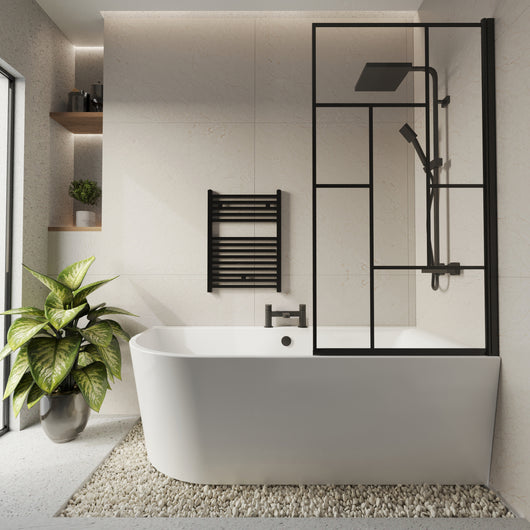  Selsley 1700 Curved Freestanding Super Deep Shower Bath with Black Abstract Screen