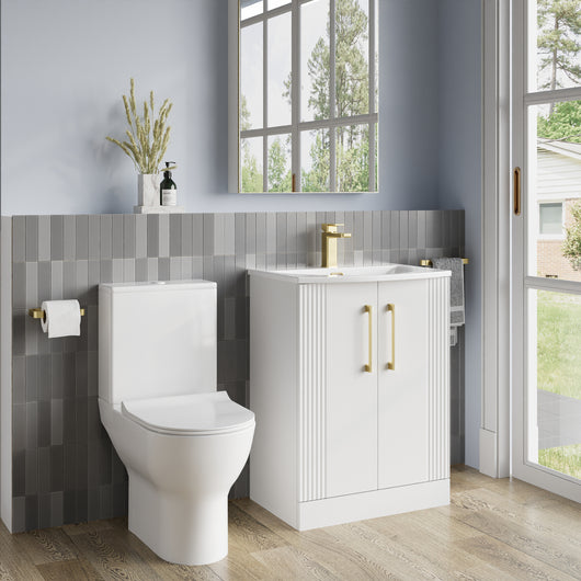  Deco Curved 500mm Cloakroom Bathroom Suite - White & Brushed Brass handle